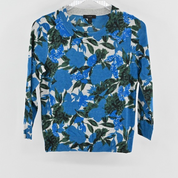 J Crew Womens Tippi Floral Sweater Size S Sequin Merino Wool Azure Blue Green - Picture 1 of 13